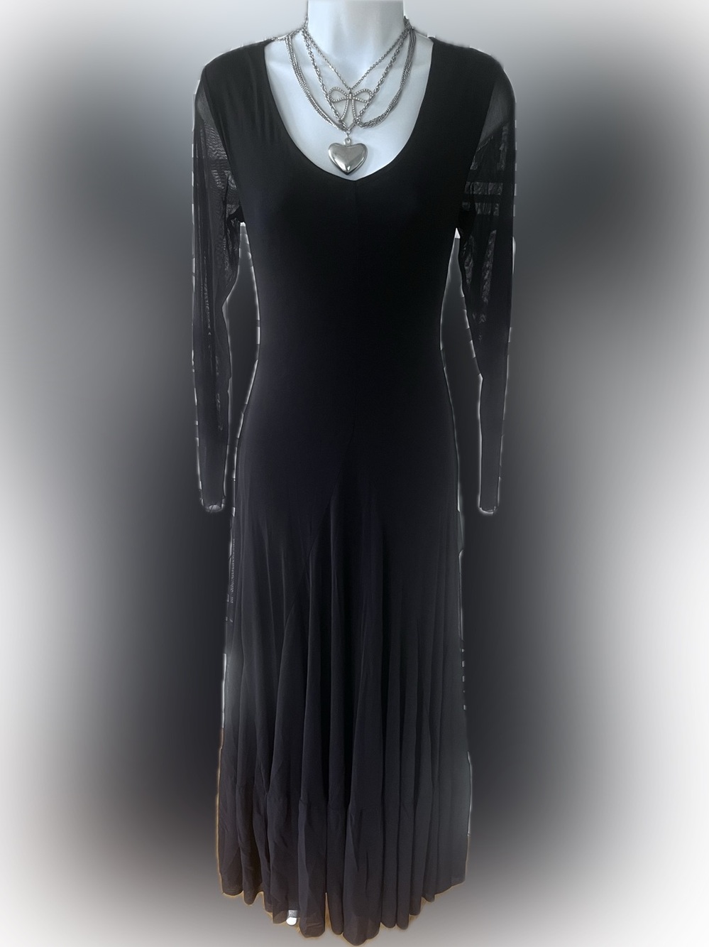 Y2K Newport News Black Long-Sleeve Maxi Dress with Sheer Sleeves, size 6